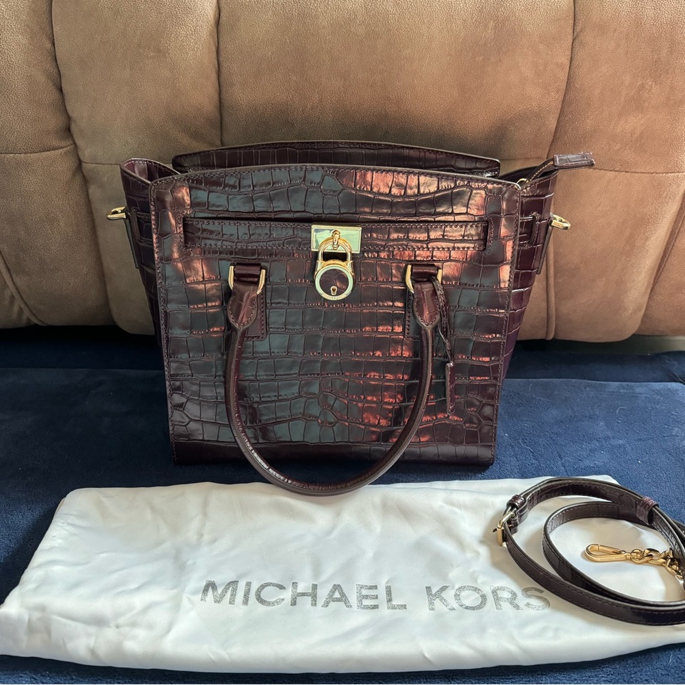 Michael Kors Hamilton Chain-Strap Crocodile-Embossed Large Satchel